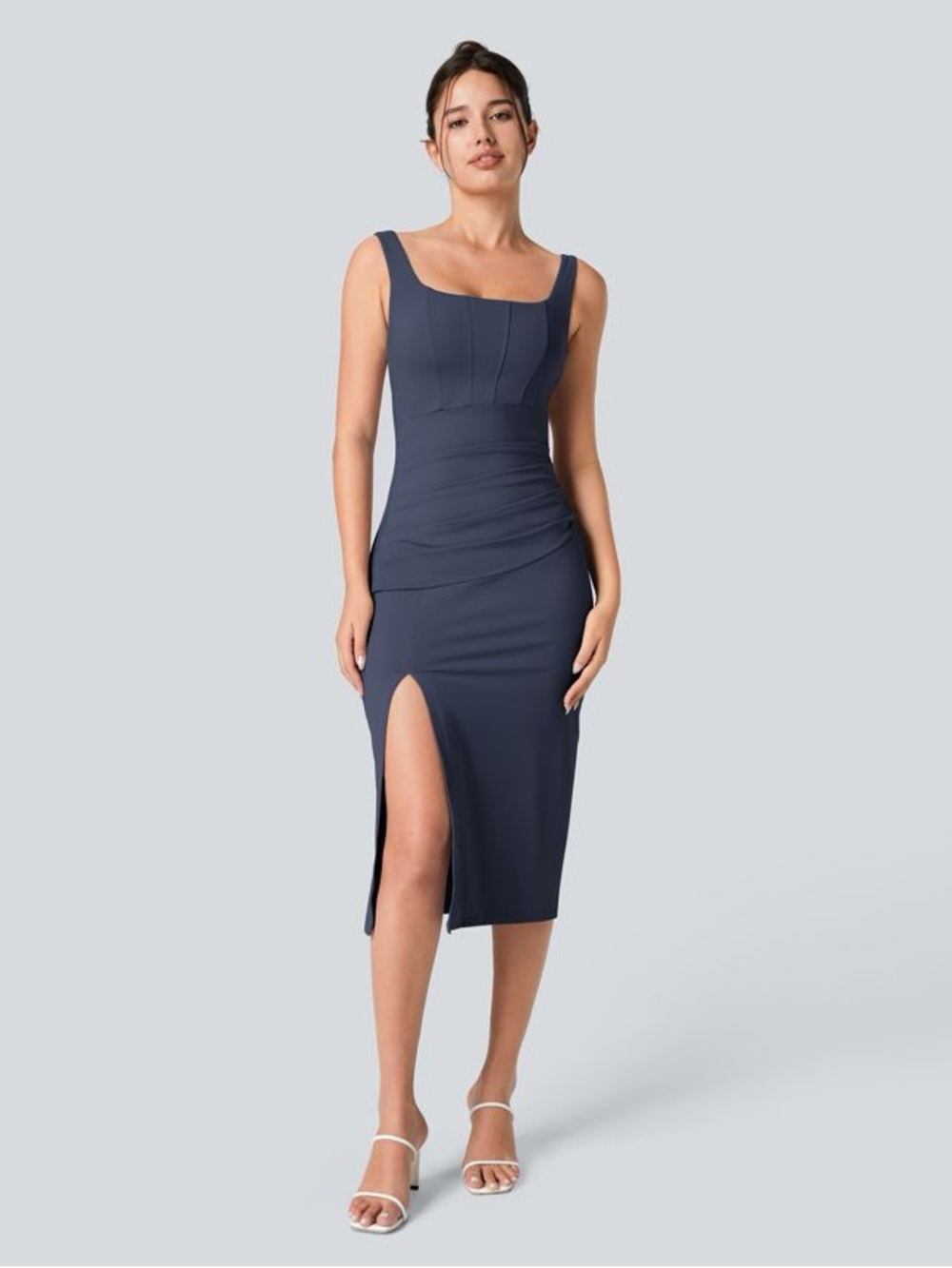 NWT Halara SoftlyZero Airy Square Neck Corset Ruched Slit Midi Indigo Medium